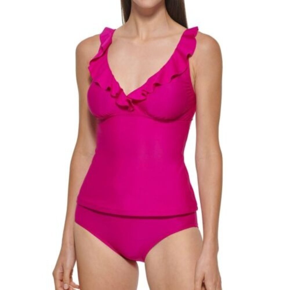 DKNY V NECK $118 Ruffle Women’s Two -Piece Swimsuit Pink MD NWT